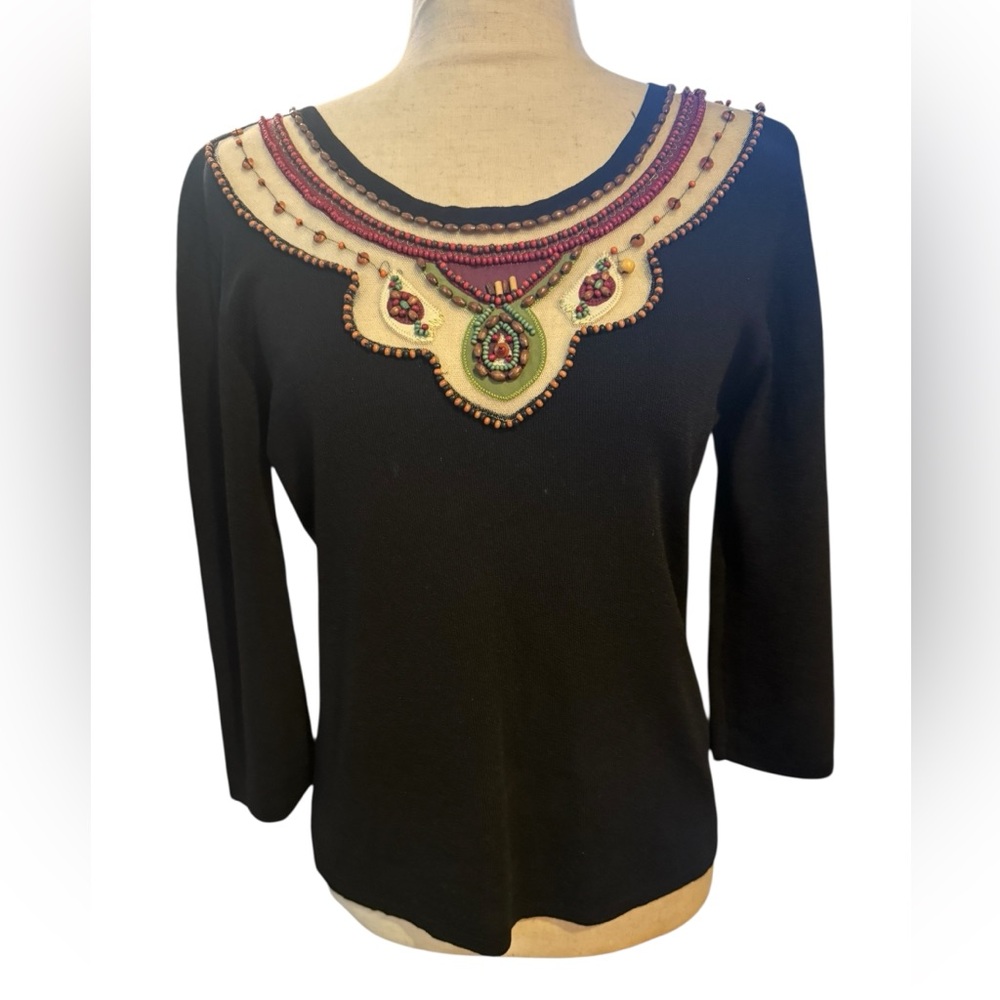 Y2K Joseph A Sheer Mesh Beaded Neckline Boho Top Black Womens Size L Boho Artsy